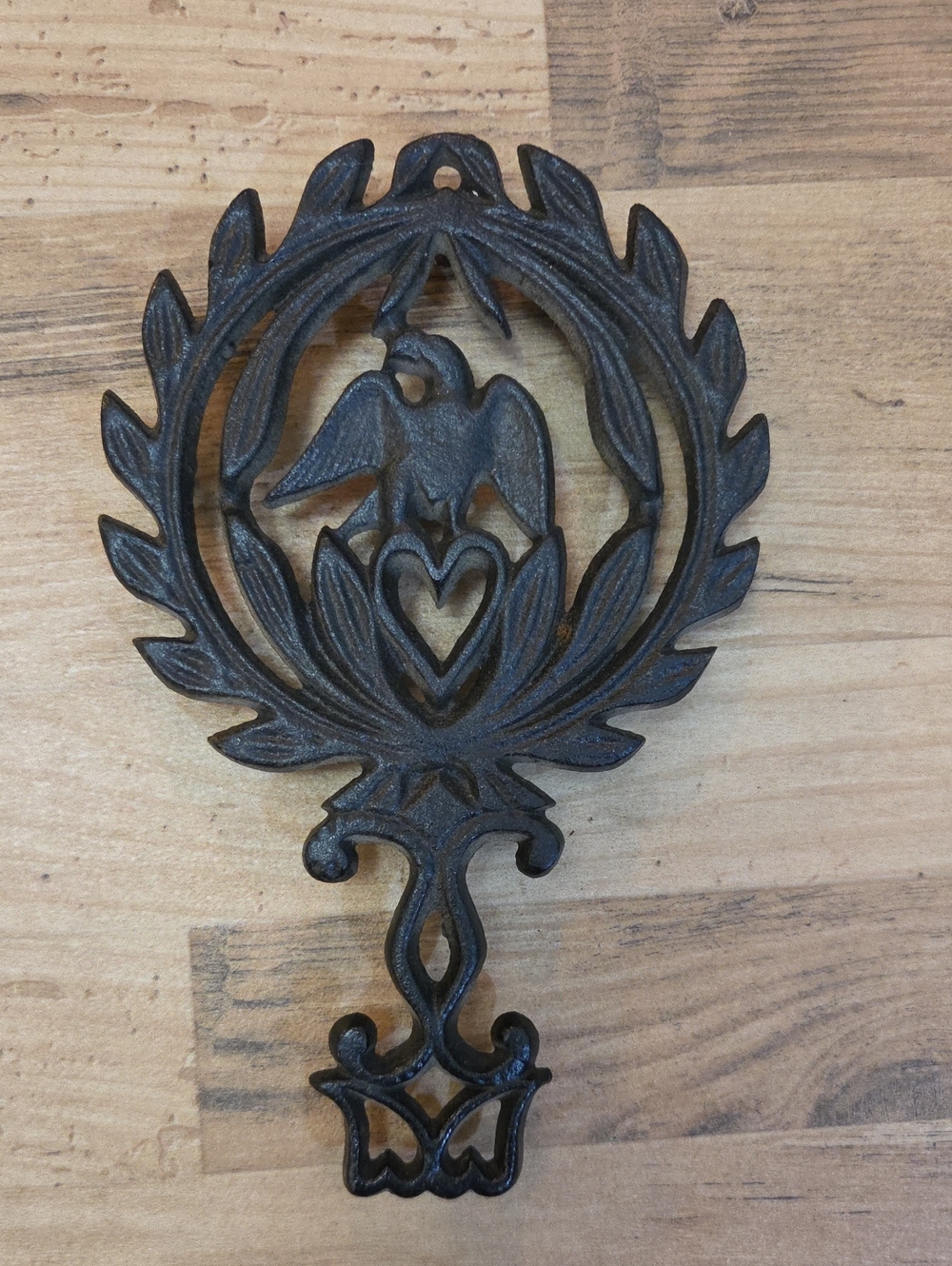 Vintage Medium Cast Iron Trivet Bird, Heart And Leafs Centre